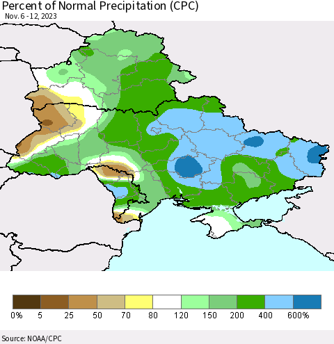 Ukraine, Moldova and Belarus Percent of Normal Precipitation (CPC) Thematic Map For 11/6/2023 - 11/12/2023