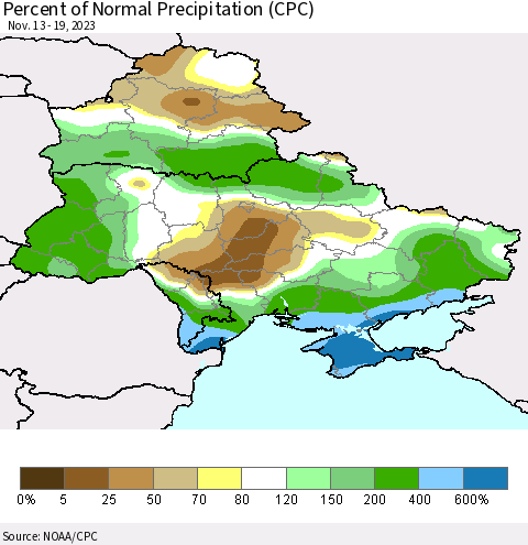 Ukraine, Moldova and Belarus Percent of Normal Precipitation (CPC) Thematic Map For 11/13/2023 - 11/19/2023