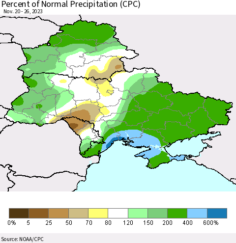 Ukraine, Moldova and Belarus Percent of Normal Precipitation (CPC) Thematic Map For 11/20/2023 - 11/26/2023
