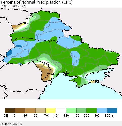 Ukraine, Moldova and Belarus Percent of Normal Precipitation (CPC) Thematic Map For 11/27/2023 - 12/3/2023