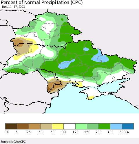 Ukraine, Moldova and Belarus Percent of Normal Precipitation (CPC) Thematic Map For 12/11/2023 - 12/17/2023