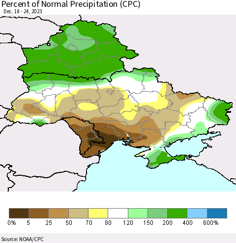 Ukraine, Moldova and Belarus Percent of Normal Precipitation (CPC) Thematic Map For 12/18/2023 - 12/24/2023