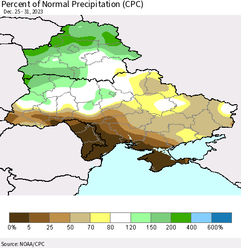 Ukraine, Moldova and Belarus Percent of Normal Precipitation (CPC) Thematic Map For 12/25/2023 - 12/31/2023