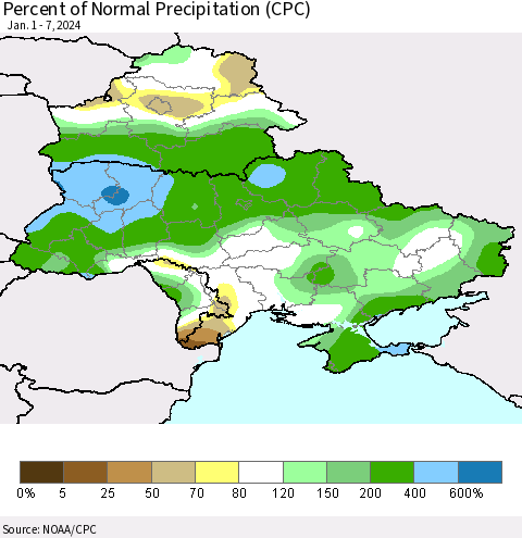 Ukraine, Moldova and Belarus Percent of Normal Precipitation (CPC) Thematic Map For 1/1/2024 - 1/7/2024