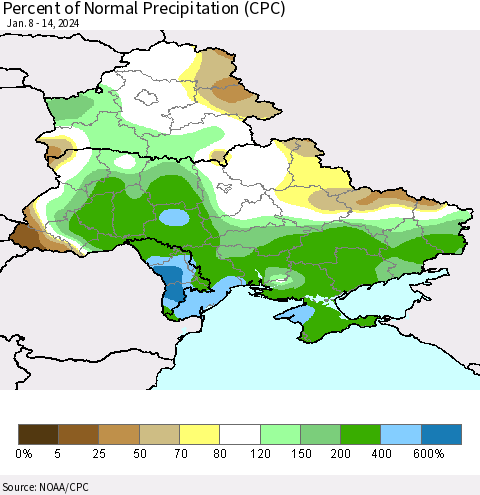 Ukraine, Moldova and Belarus Percent of Normal Precipitation (CPC) Thematic Map For 1/8/2024 - 1/14/2024