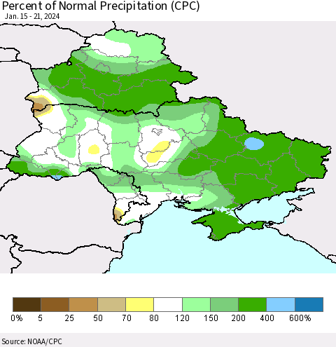 Ukraine, Moldova and Belarus Percent of Normal Precipitation (CPC) Thematic Map For 1/15/2024 - 1/21/2024