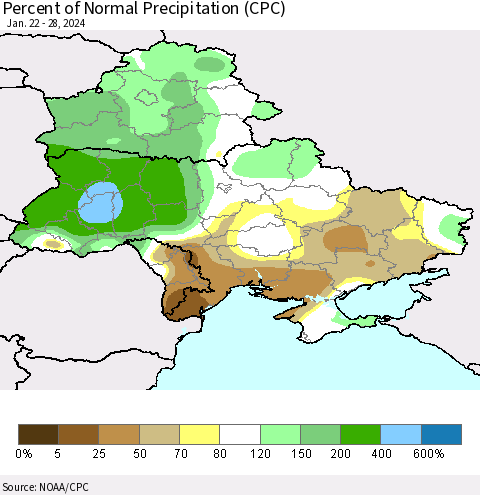 Ukraine, Moldova and Belarus Percent of Normal Precipitation (CPC) Thematic Map For 1/22/2024 - 1/28/2024