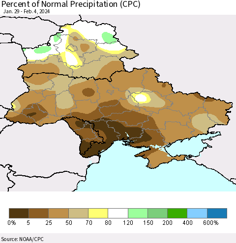 Ukraine, Moldova and Belarus Percent of Normal Precipitation (CPC) Thematic Map For 1/29/2024 - 2/4/2024