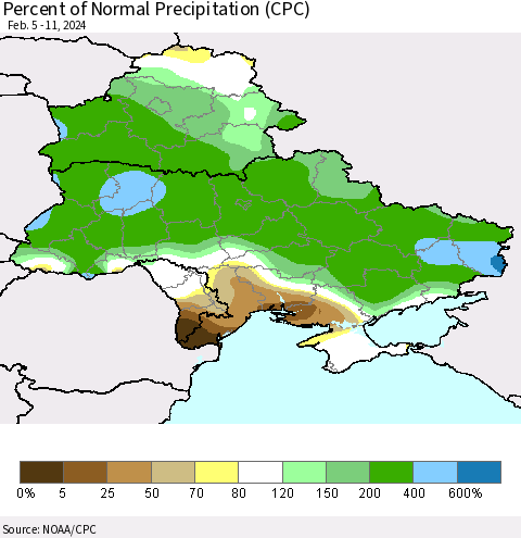 Ukraine, Moldova and Belarus Percent of Normal Precipitation (CPC) Thematic Map For 2/5/2024 - 2/11/2024