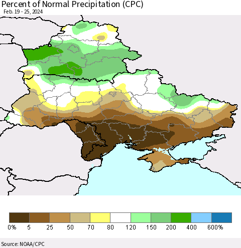 Ukraine, Moldova and Belarus Percent of Normal Precipitation (CPC) Thematic Map For 2/19/2024 - 2/25/2024