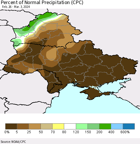Ukraine, Moldova and Belarus Percent of Normal Precipitation (CPC) Thematic Map For 2/26/2024 - 3/3/2024