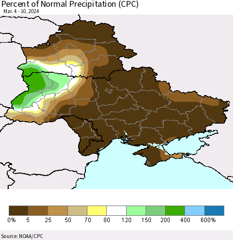Ukraine, Moldova and Belarus Percent of Normal Precipitation (CPC) Thematic Map For 3/4/2024 - 3/10/2024