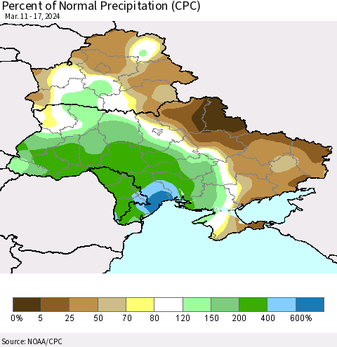 Ukraine, Moldova and Belarus Percent of Normal Precipitation (CPC) Thematic Map For 3/11/2024 - 3/17/2024
