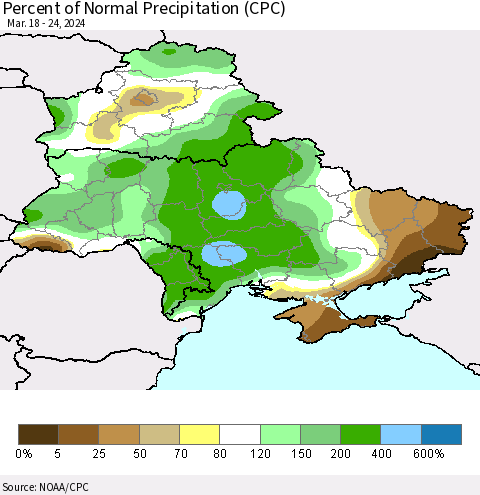 Ukraine, Moldova and Belarus Percent of Normal Precipitation (CPC) Thematic Map For 3/18/2024 - 3/24/2024