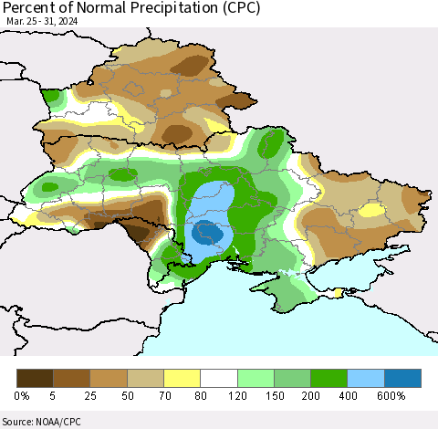 Ukraine, Moldova and Belarus Percent of Normal Precipitation (CPC) Thematic Map For 3/25/2024 - 3/31/2024