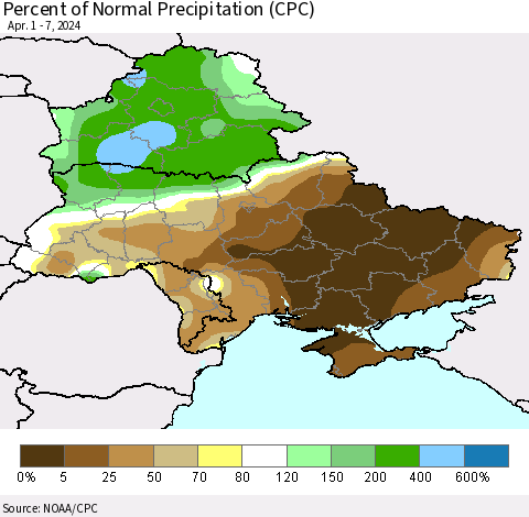 Ukraine, Moldova and Belarus Percent of Normal Precipitation (CPC) Thematic Map For 4/1/2024 - 4/7/2024