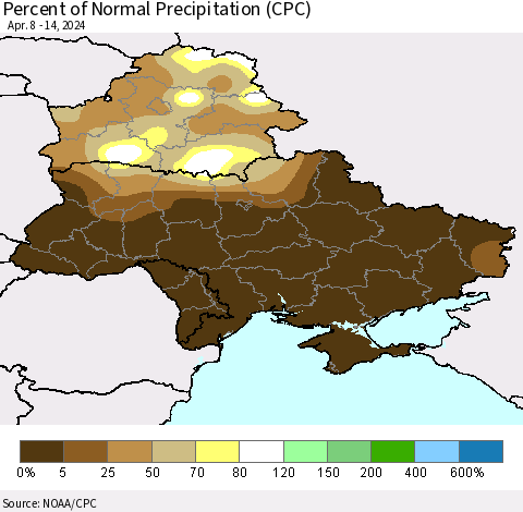 Ukraine, Moldova and Belarus Percent of Normal Precipitation (CPC) Thematic Map For 4/8/2024 - 4/14/2024
