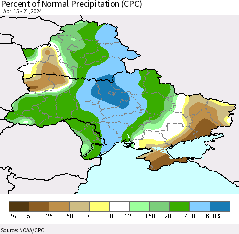 Ukraine, Moldova and Belarus Percent of Normal Precipitation (CPC) Thematic Map For 4/15/2024 - 4/21/2024