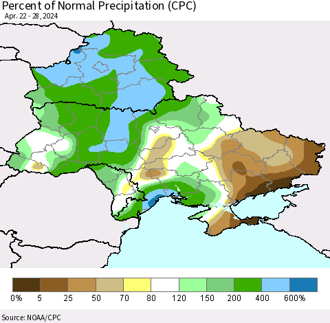 Ukraine, Moldova and Belarus Percent of Normal Precipitation (CPC) Thematic Map For 4/22/2024 - 4/28/2024