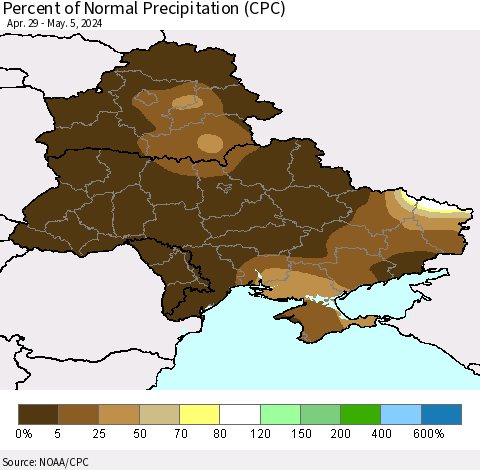 Ukraine, Moldova and Belarus Percent of Normal Precipitation (CPC) Thematic Map For 4/29/2024 - 5/5/2024