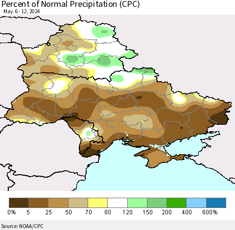 Ukraine, Moldova and Belarus Percent of Normal Precipitation (CPC) Thematic Map For 5/6/2024 - 5/12/2024