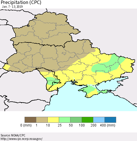 Ukraine, Moldova and Belarus Precipitation (CPC) Thematic Map For 1/7/2019 - 1/13/2019