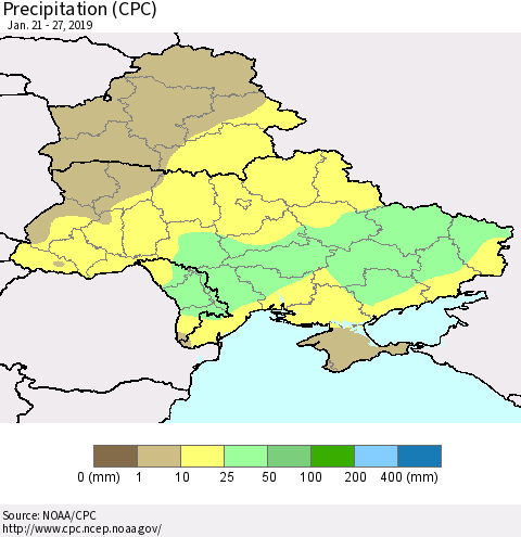 Ukraine, Moldova and Belarus Precipitation (CPC) Thematic Map For 1/21/2019 - 1/27/2019