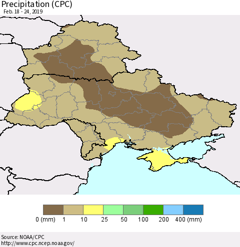 Ukraine, Moldova and Belarus Precipitation (CPC) Thematic Map For 2/18/2019 - 2/24/2019
