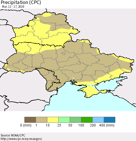Ukraine, Moldova and Belarus Precipitation (CPC) Thematic Map For 3/11/2019 - 3/17/2019