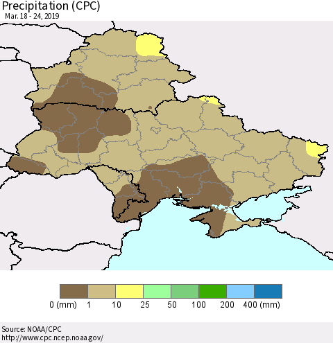 Ukraine, Moldova and Belarus Precipitation (CPC) Thematic Map For 3/18/2019 - 3/24/2019