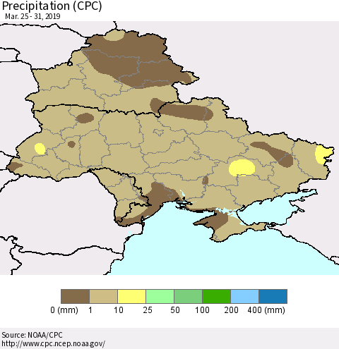 Ukraine, Moldova and Belarus Precipitation (CPC) Thematic Map For 3/25/2019 - 3/31/2019