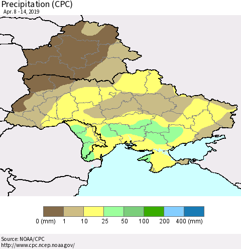 Ukraine, Moldova and Belarus Precipitation (CPC) Thematic Map For 4/8/2019 - 4/14/2019