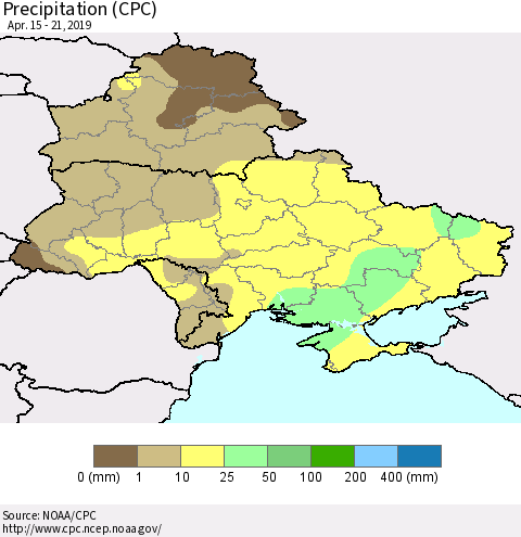 Ukraine, Moldova and Belarus Precipitation (CPC) Thematic Map For 4/15/2019 - 4/21/2019