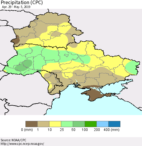 Ukraine, Moldova and Belarus Precipitation (CPC) Thematic Map For 4/29/2019 - 5/5/2019