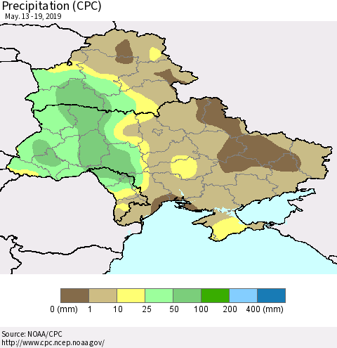 Ukraine, Moldova and Belarus Precipitation (CPC) Thematic Map For 5/13/2019 - 5/19/2019