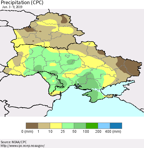 Ukraine, Moldova and Belarus Precipitation (CPC) Thematic Map For 6/3/2019 - 6/9/2019
