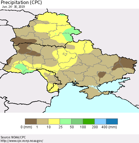 Ukraine, Moldova and Belarus Precipitation (CPC) Thematic Map For 6/24/2019 - 6/30/2019