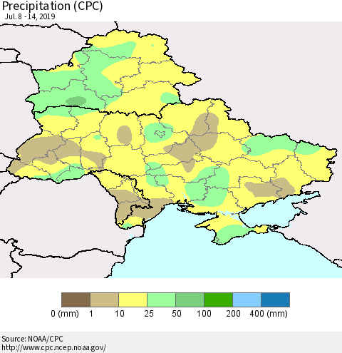 Ukraine, Moldova and Belarus Precipitation (CPC) Thematic Map For 7/8/2019 - 7/14/2019