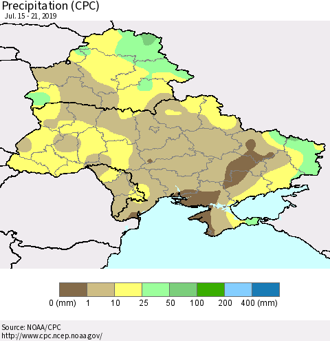 Ukraine, Moldova and Belarus Precipitation (CPC) Thematic Map For 7/15/2019 - 7/21/2019