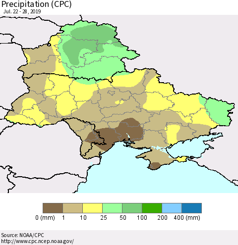 Ukraine, Moldova and Belarus Precipitation (CPC) Thematic Map For 7/22/2019 - 7/28/2019
