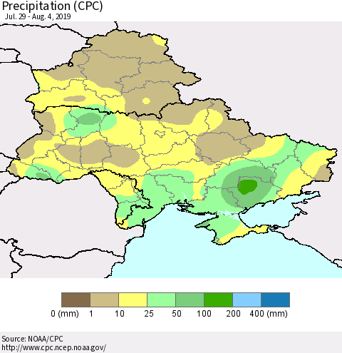 Ukraine, Moldova and Belarus Precipitation (CPC) Thematic Map For 7/29/2019 - 8/4/2019