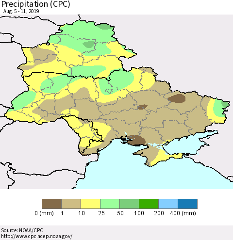 Ukraine, Moldova and Belarus Precipitation (CPC) Thematic Map For 8/5/2019 - 8/11/2019