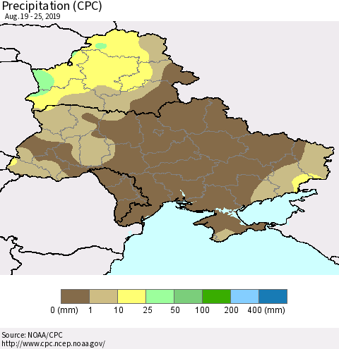 Ukraine, Moldova and Belarus Precipitation (CPC) Thematic Map For 8/19/2019 - 8/25/2019