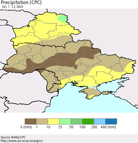 Ukraine, Moldova and Belarus Precipitation (CPC) Thematic Map For 10/7/2019 - 10/13/2019