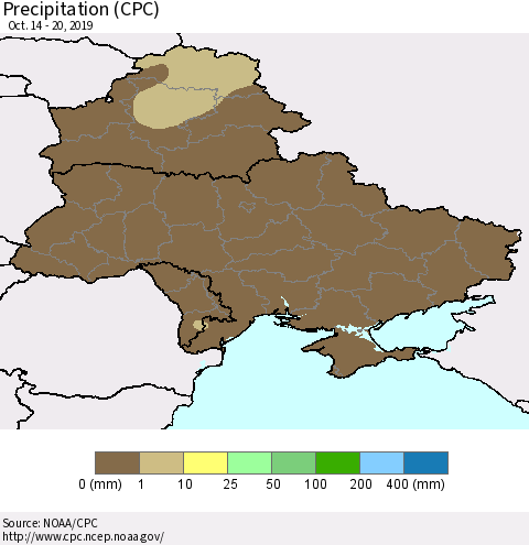 Ukraine, Moldova and Belarus Precipitation (CPC) Thematic Map For 10/14/2019 - 10/20/2019