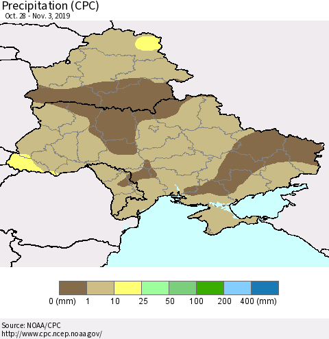 Ukraine, Moldova and Belarus Precipitation (CPC) Thematic Map For 10/28/2019 - 11/3/2019
