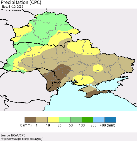 Ukraine, Moldova and Belarus Precipitation (CPC) Thematic Map For 11/4/2019 - 11/10/2019