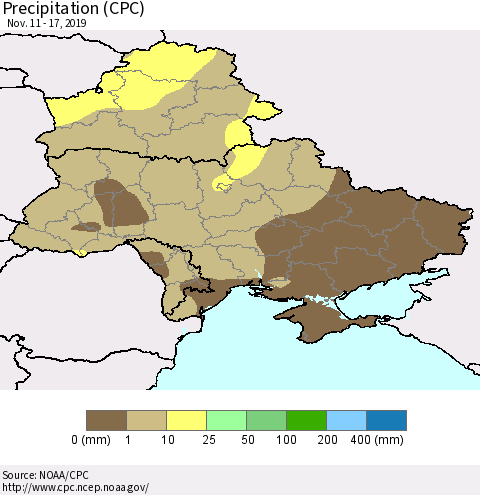 Ukraine, Moldova and Belarus Precipitation (CPC) Thematic Map For 11/11/2019 - 11/17/2019