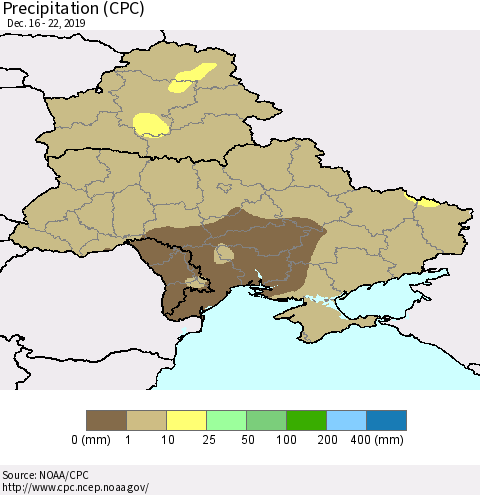 Ukraine, Moldova and Belarus Precipitation (CPC) Thematic Map For 12/16/2019 - 12/22/2019