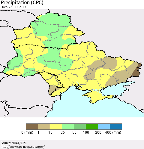 Ukraine, Moldova and Belarus Precipitation (CPC) Thematic Map For 12/23/2019 - 12/29/2019